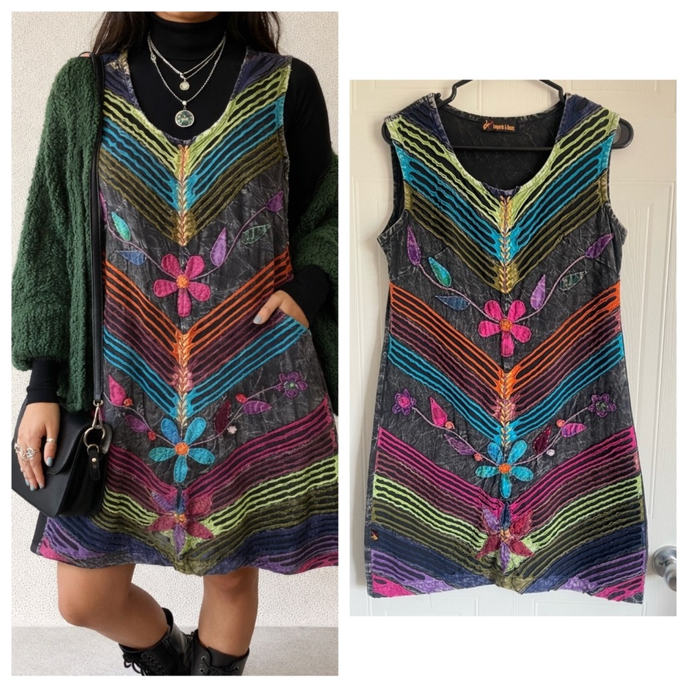 Whimsigoth Embroidered Cotton Dress M Lagenlook Goblincore